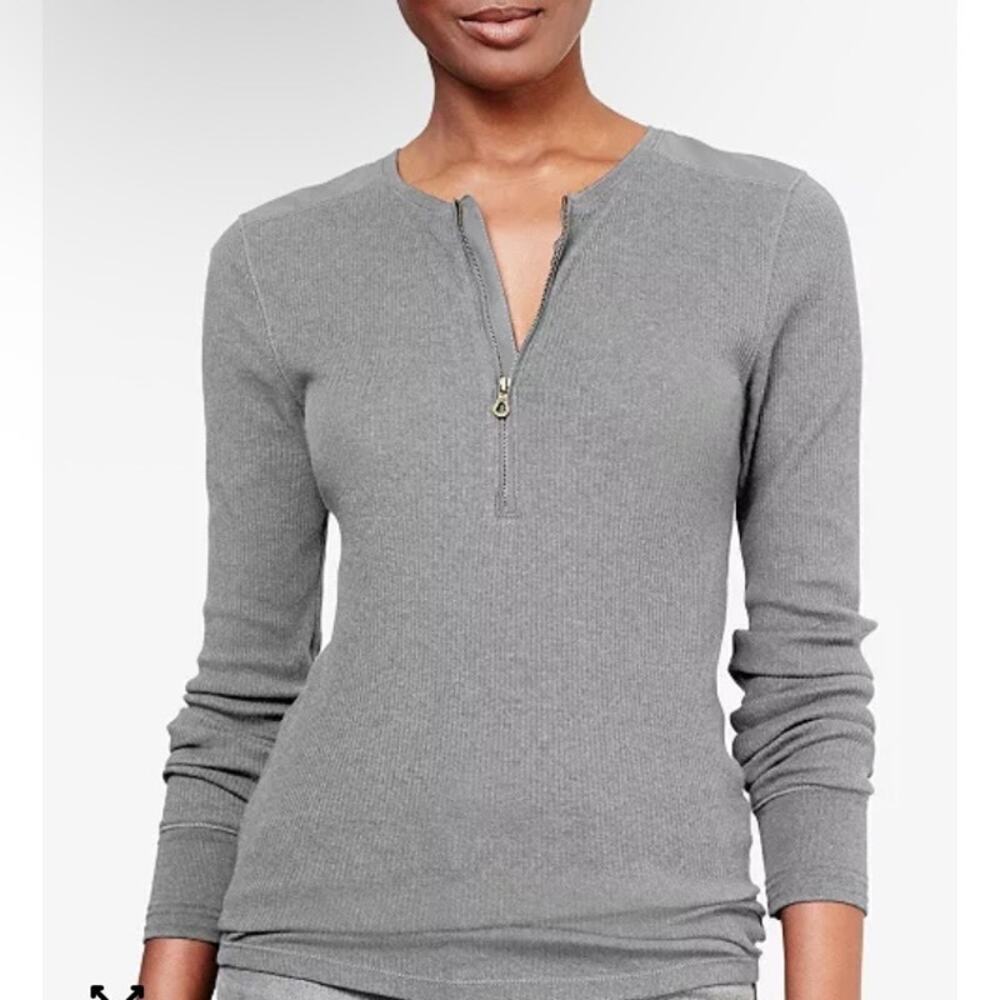 L-Ralph Lauren Sz S Y2K Style Fitted Ribbed Cotton Half-Zip Henley Top Taupe